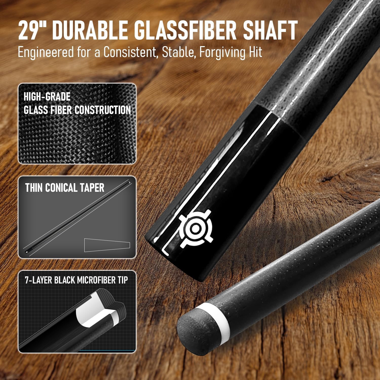 CUEBOTS Glass Fiber Cue, Glass Fiber House Cue Stick, Club Cue, Cue for Beginners, Durable Uni-QR, 3/8-10, 5/16-18 Joint, Long Lasting Glassfiber Shaft, 7-Layer Microfiber Tip