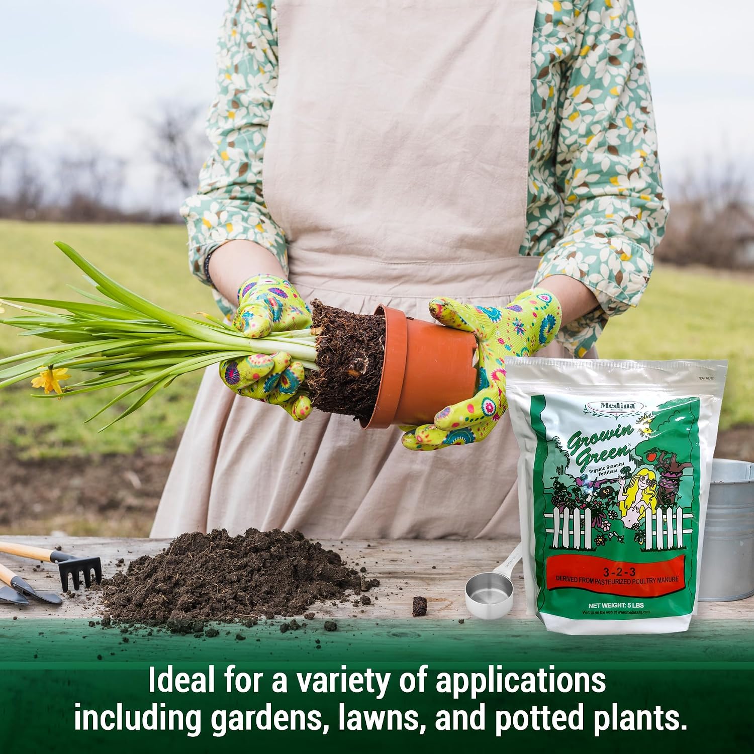 Medina Growin Green Organic Granular Fertilizer, 5 lb Bag, 3-2-3 | Nutrient Rich Soil Enhancer, Granules for Lush Gardens, Lawns, and Plants