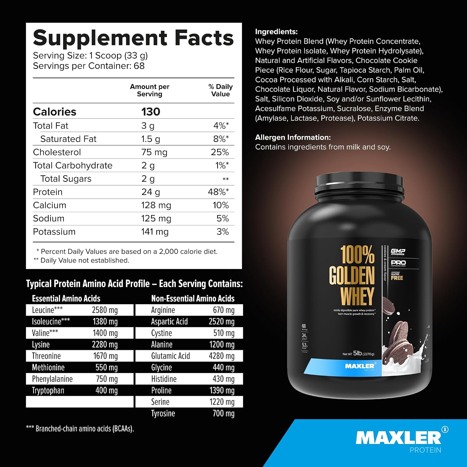 100% Golden Whey Protein - 24g of Protein per Serving - Whey Protein Powder for Pre Post Workout - Fast-Absorbing Whey Concentrate, Isolate & Hydrolysate Blend - Vanilla Ice Cream 2 lb