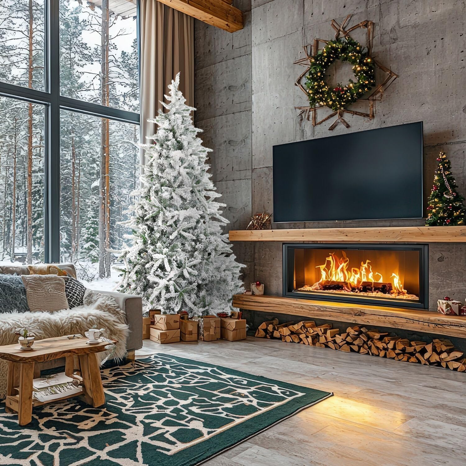 Fraser Hill Farm 7.5-Ft. Mountain Pine Flocked Artificial Christmas Tree with Stand, Unlit Foldable Fake Tree with Realistic Snowy Foliage for Home Decoration