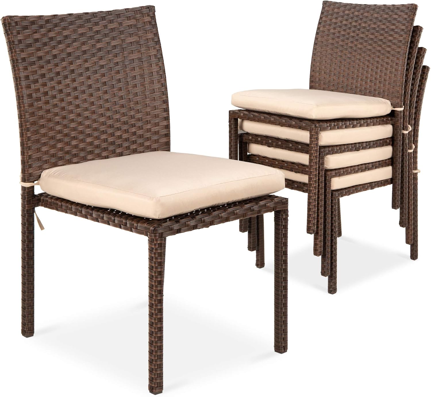 Best Choice Products Set of 4 Stackable Outdoor Patio Wicker Chairs w/Cushions, UV-Resistant Finish, and Steel Frame - Brown/Red