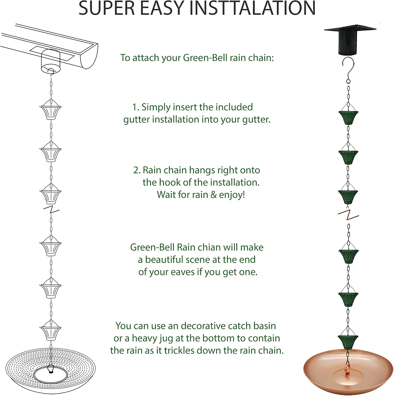 8.5FT Bell Iron Rain Chain for Gutters and Rain Barrel+Adapter, Blue