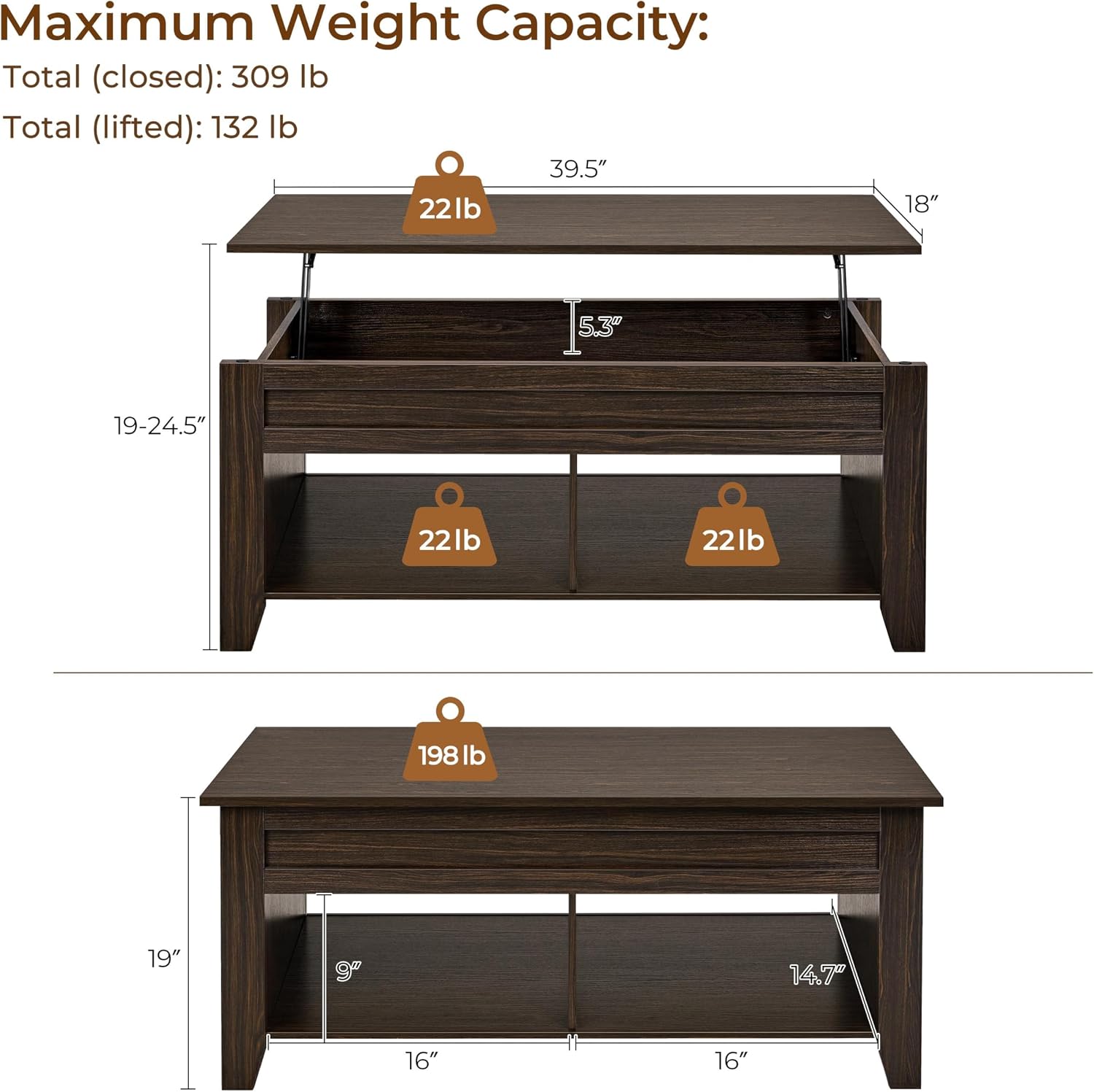 Yaheetech Lift Top Coffee Table with Hidden Storage Compartment Gray 47.5in
