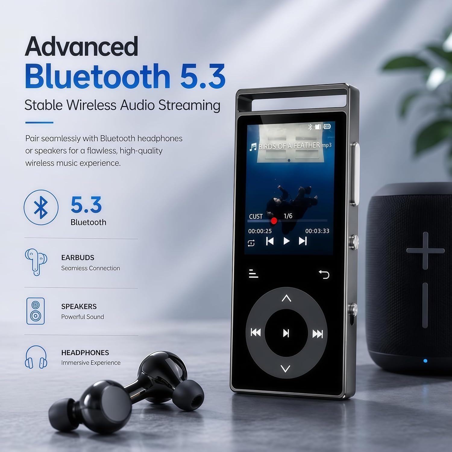 90GB MP3 Player Bluetooth 5.3, HiFi Sound Music Player with Touch Buttons | MP3 Players with Built-in Color Screen, E-Books, Earphones Included