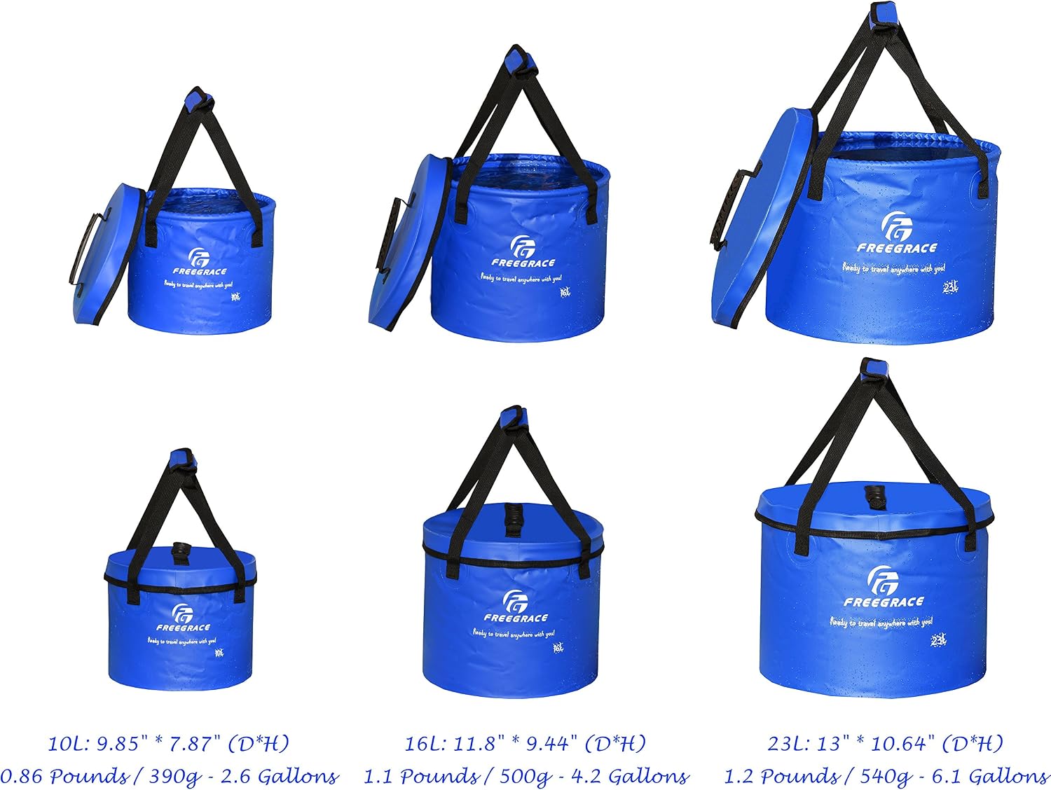 Freegrace Collapsible Bucket with Mesh Tool Pocket - 10L, 16L & 23L Portable Folding Water Container - Heavy Duty 500D Tarpaulin, BPA-Free Wash Basin for Camping, Fishing, RV, and Car Washing