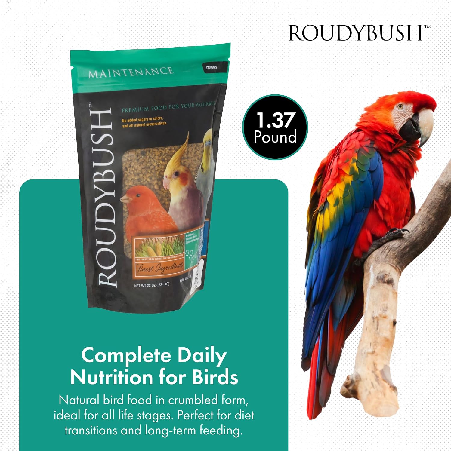 RoudyBush Daily Maintenance Food for Birds - Scientifically Formulated Bird Feed - Bird Food Pellets w/Corn, Wheat, Soy & More - Nutritious & Healthy Feed for Birds (Mini, 44oz)