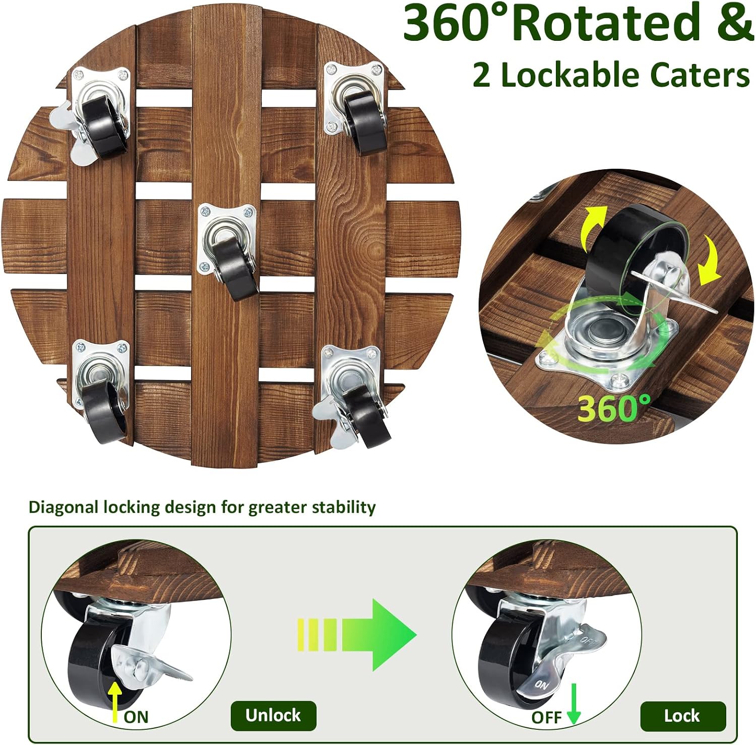 Yangbaga 2pack Plant Caddy 12’’Wood Duty Rolling Plant Stand with 2 360° Lockable Caster Wheels