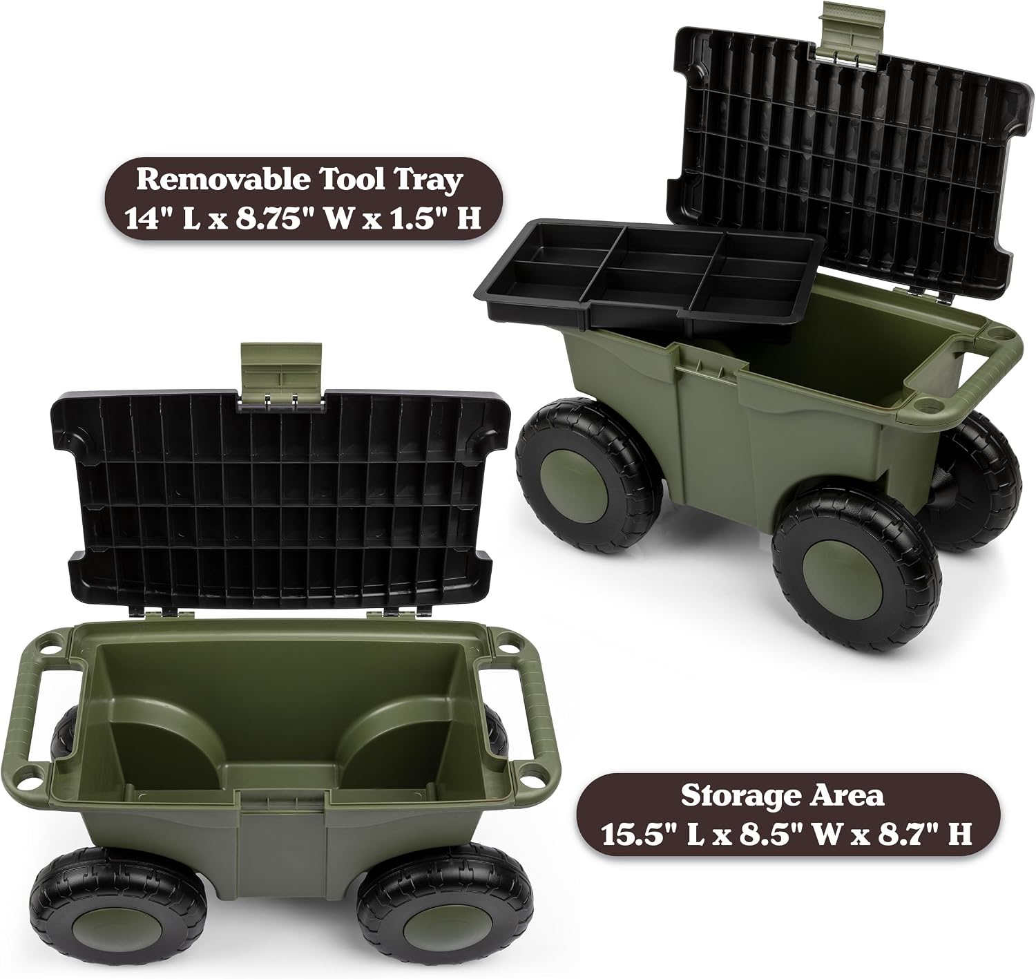 Rolling Garden Cart with Seat - Plastic Storage with Bench and Interior Tool Tray - Gardening Stool for Weeding and Planting By Pure Garden (Green) | Plastic Storage with Bench and Interior Tool Tray - Gardening Stool for Weeding and Planting