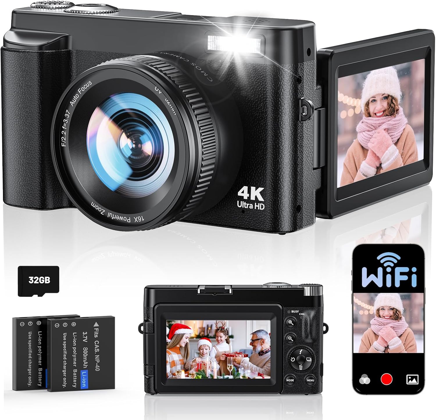 4K Digital Camera for Photography, with WiFi, 180° Flip Screen, 32GB Card | 64MP, Autofocus, 30FPS Video, Flash, Anti-Shake, 16X Zoom