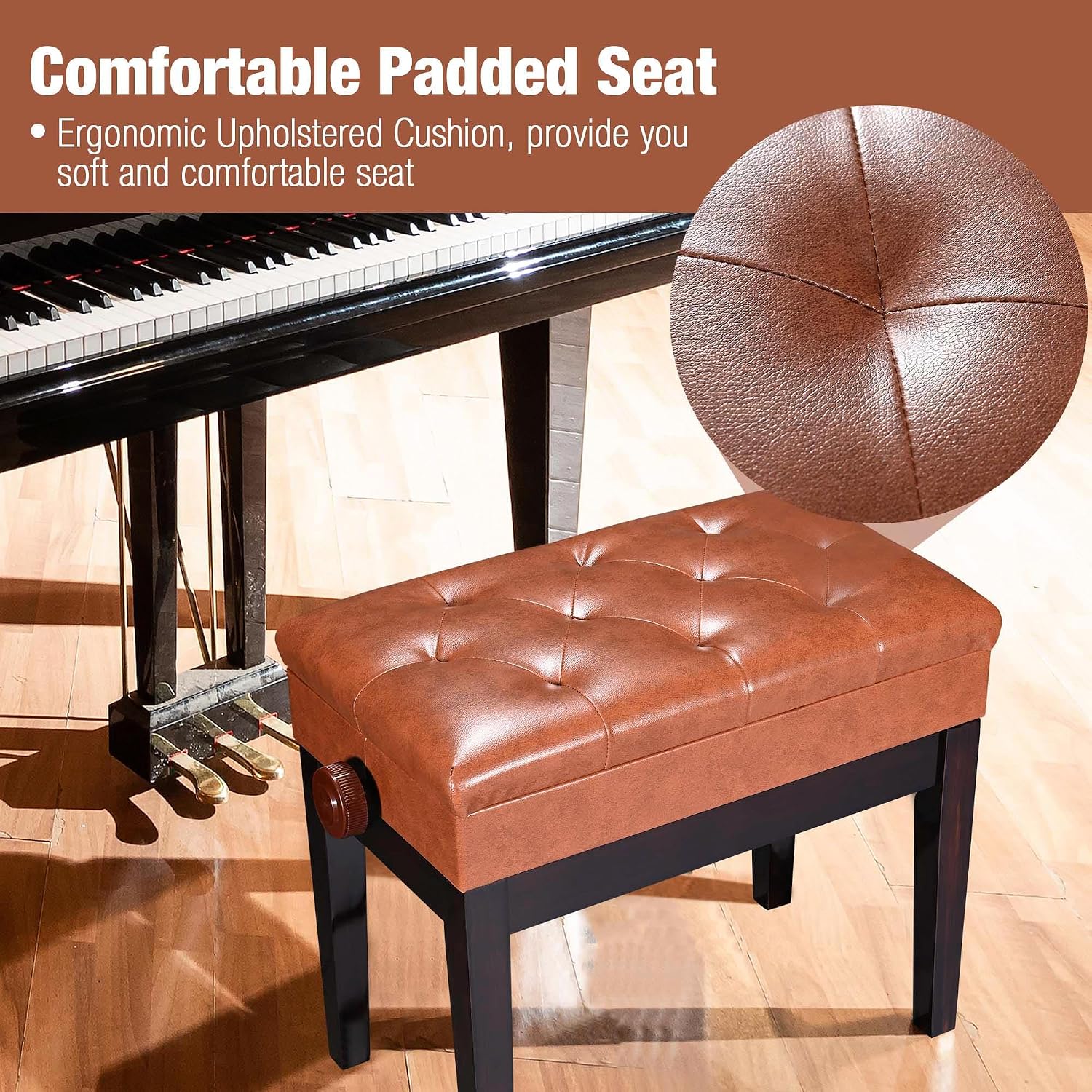 AW Adjustable Piano Bench with Storage Brown Wooden Keyboard Stool Seat | Leather Cushion Paino Chair for Piano Shop Music School Studio Capacity 400lbs
