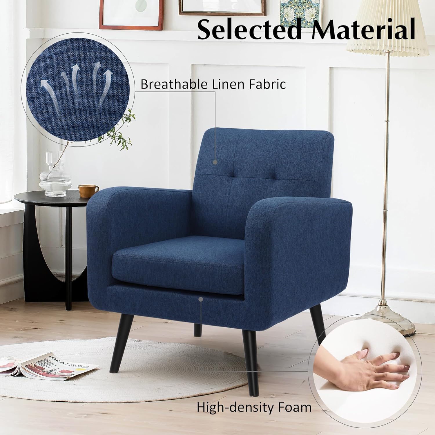 LSSPAID Modern Accent Chairs, Upholstered Fabric Cozy Armchairs, Living Room Side Chair with Solid Wood Legs, Blue