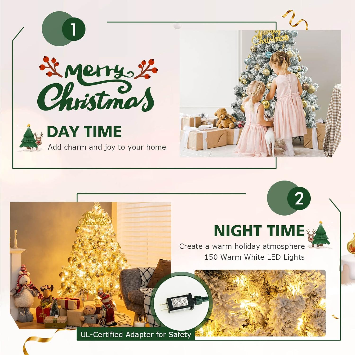 Goplus 7.5ft Pre-Lit Artificial Christmas Tree, Premium PVC Snow Flocked Hinged Pine Tree with Metal Stand and LED Lights
