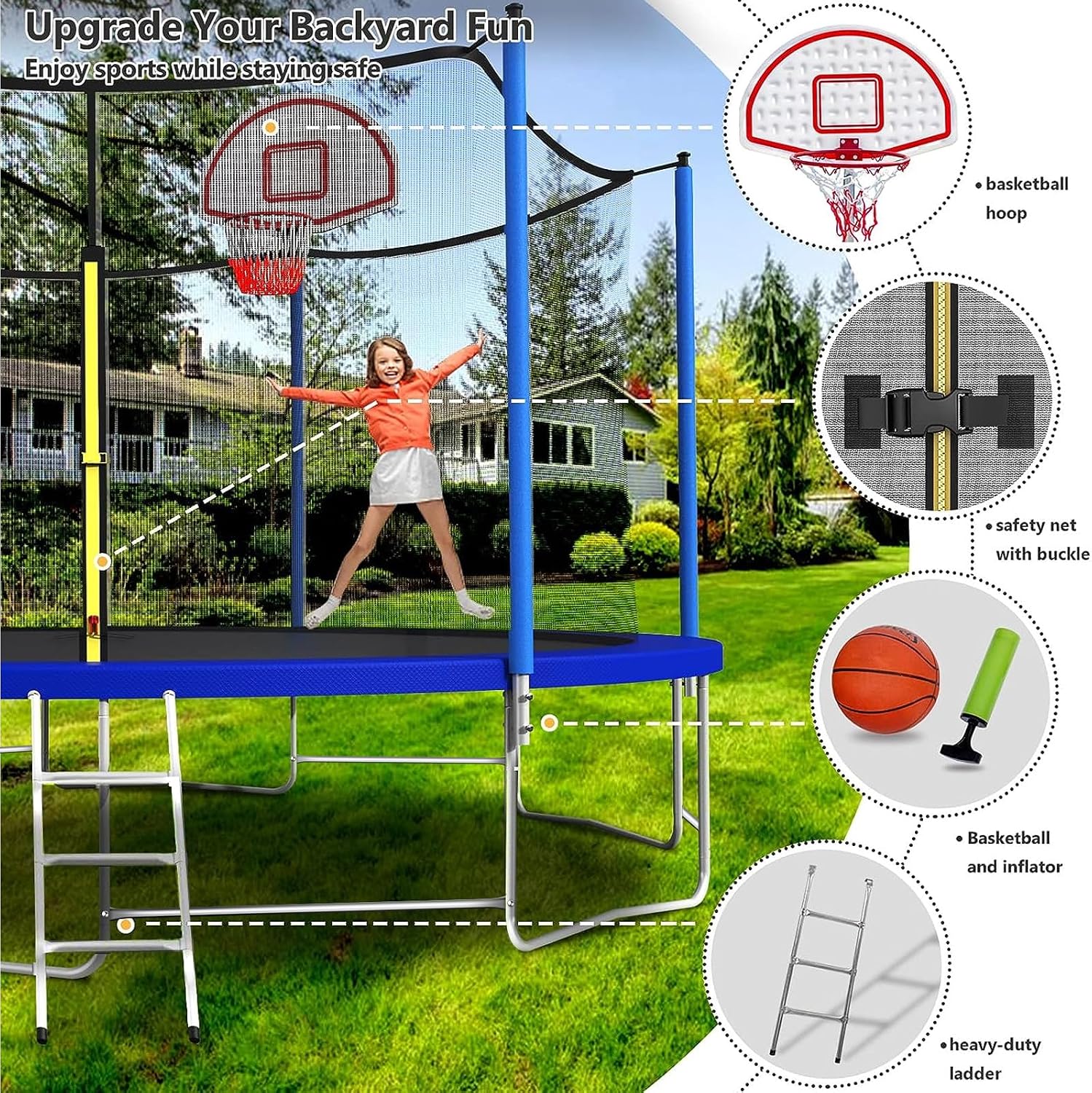 10 12 14 16FT Trampoline Outdoor, Light/Sprinkler/Basketball Hoop | Large Recreational Trampoline for Kids and Adults, Heavy Duty Yard Trampolines with Enclosure Net, ASTM Approval