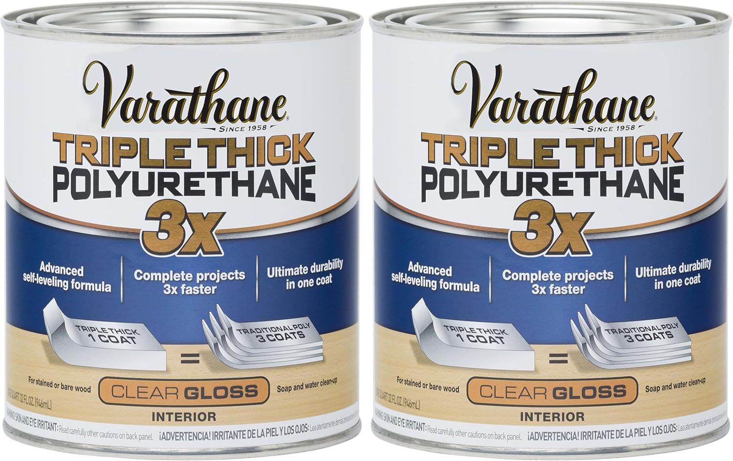 Varathane Triple Thick Polyurethane Gloss Wood Finish | One Coat Protection, Self-Leveling Formula, Scratch And Stain Resistance, Crystal Clear Finish, Quart