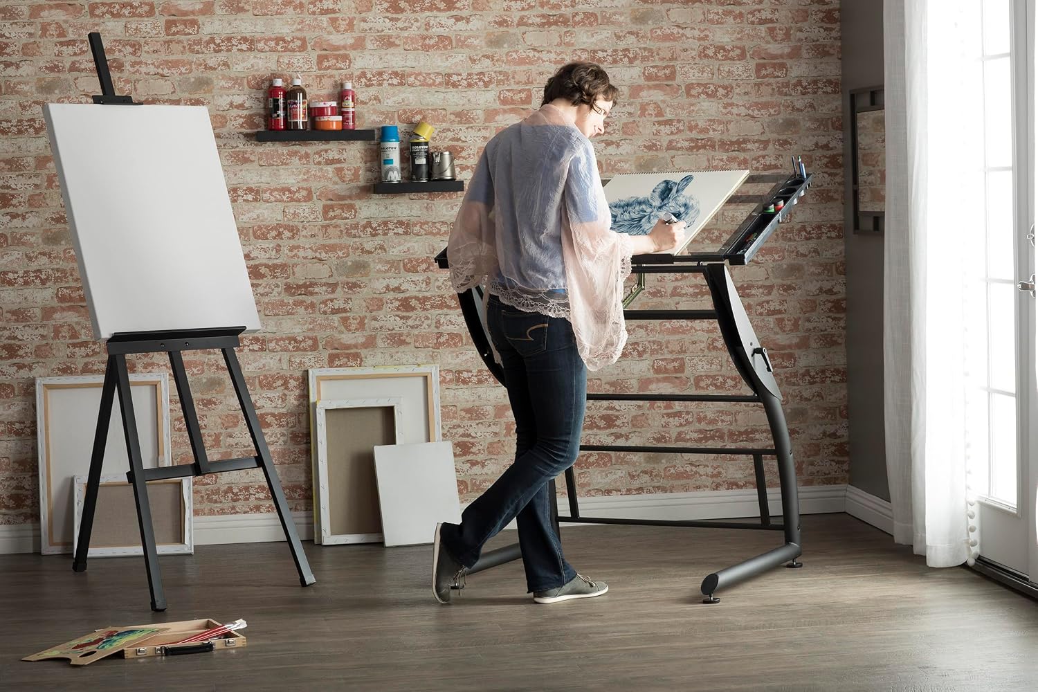 SD Studio Designs Triflex Drawing Table, Sit to Stand Up Adjustable Office Home Computer Desk, 35.25" W X 23.5" D, Charcoal Black/Clear Glass