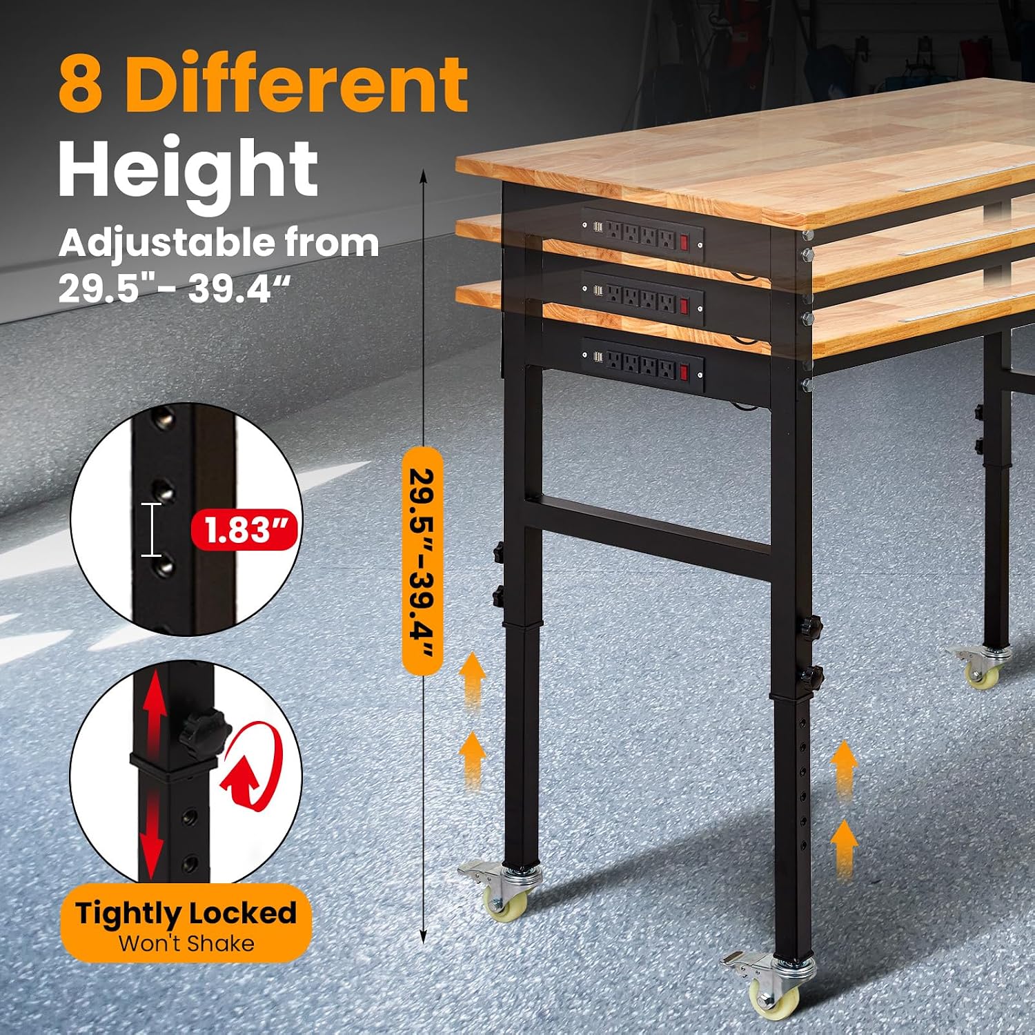 48" Adjustable Workbench, 8-Level Height Adjustable Rolling Work Table with Casters & Scale, Sit & Stand 2-in-1 Garage Tool Table with Pegboard & Hooks, for Workshop, Warehouse, DIY Projects