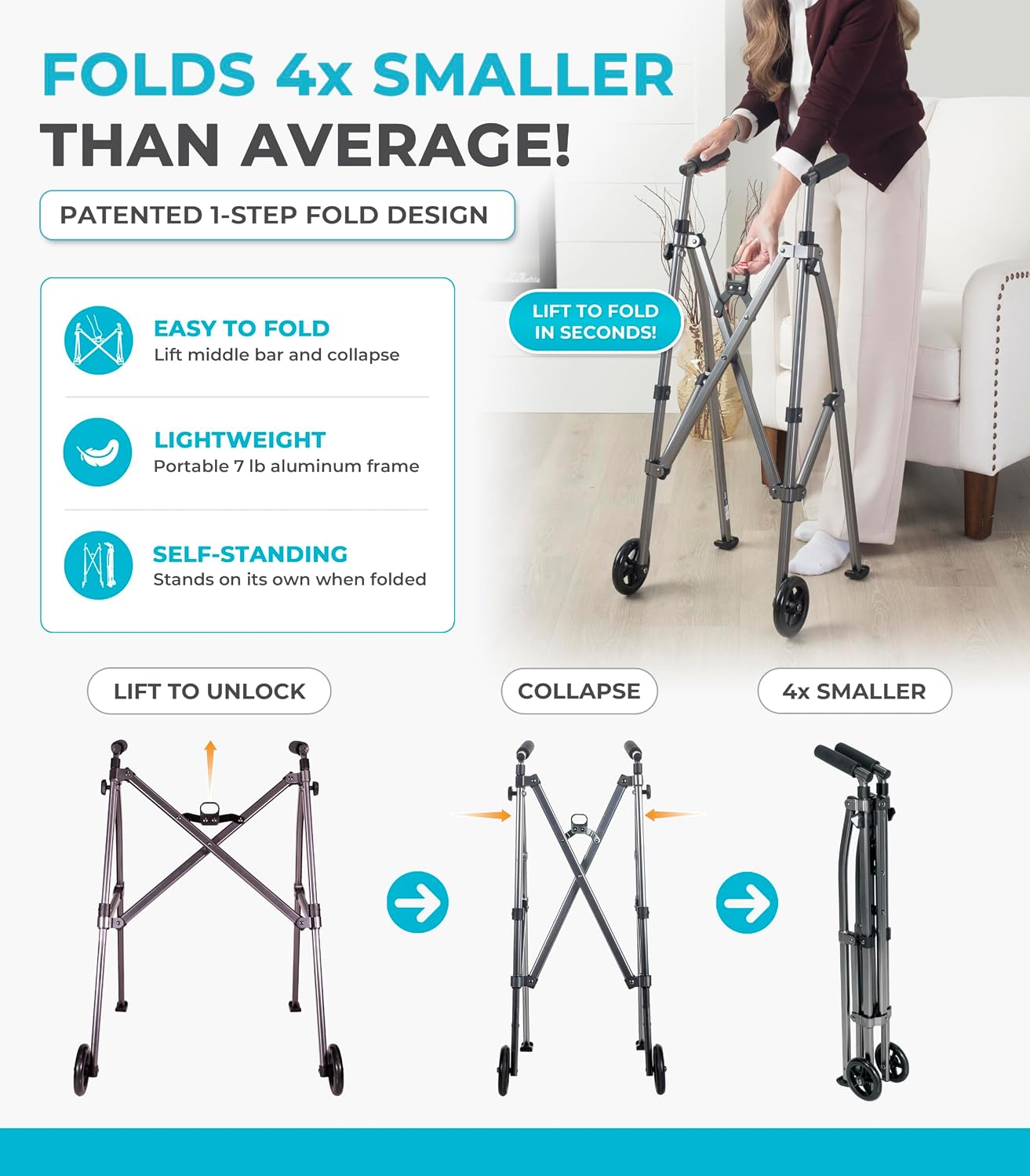 Stander Wonder Walker with 5-inch Wheels, Lightweight Folding Walker for Adults, Seniors, and Elderly, Collapsible Travel Walker