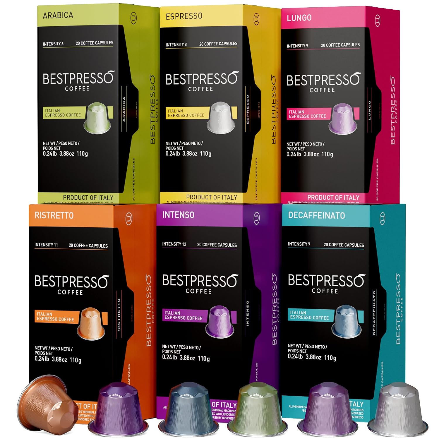Bestpresso Coffee for Nespresso Original Machine 120 pods Certified Genuine Espresso Variety Pack includes one pack of decaf coffee