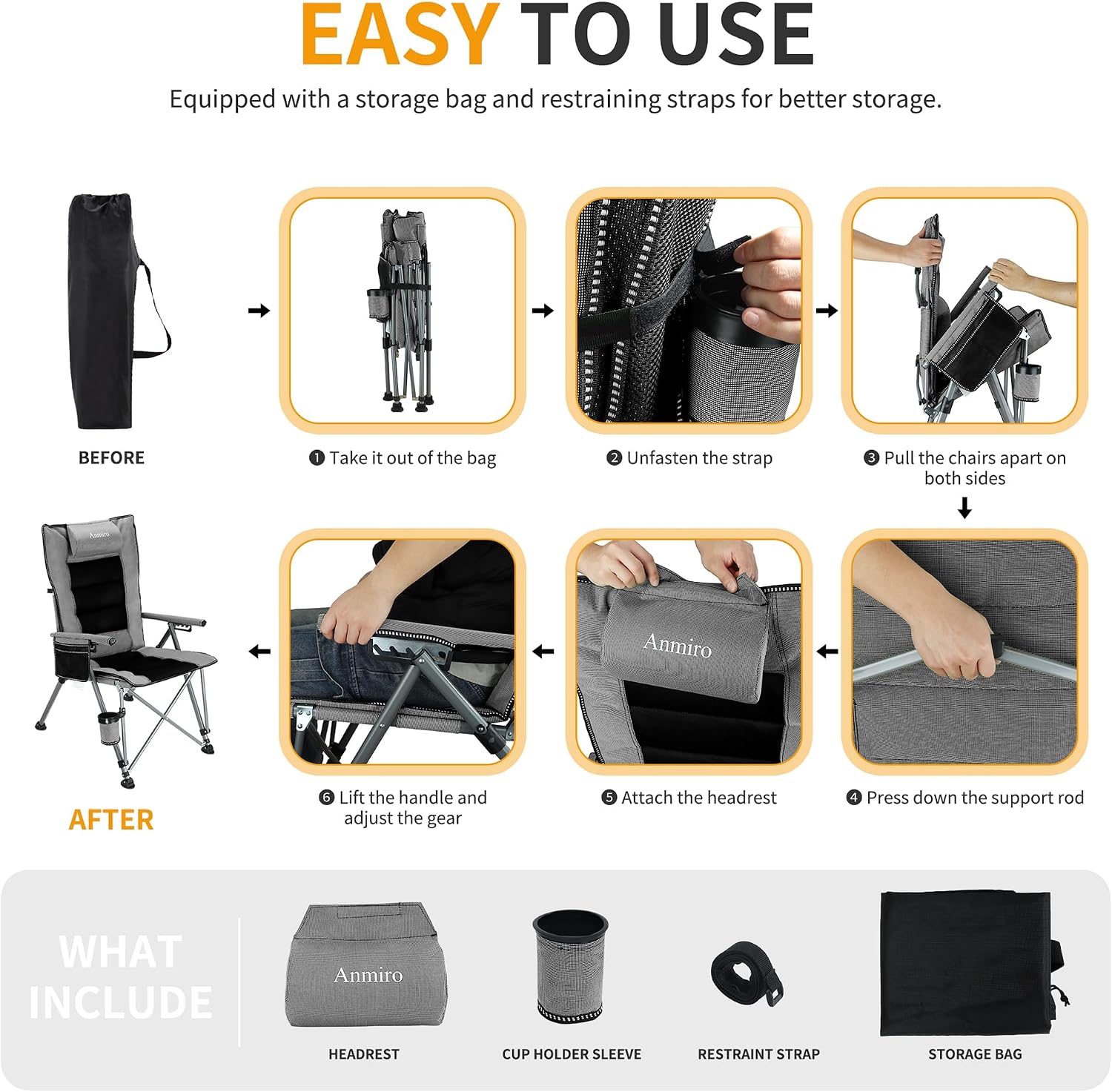 Adjustable Back Folding Camping Chair for Camp, Picnic, Lawn, Fishing | Adjustable Back; Weight Capacity 400 LBS;Hard Arm Portable Chair;Cup Holder;Storage Bag;carrying bag