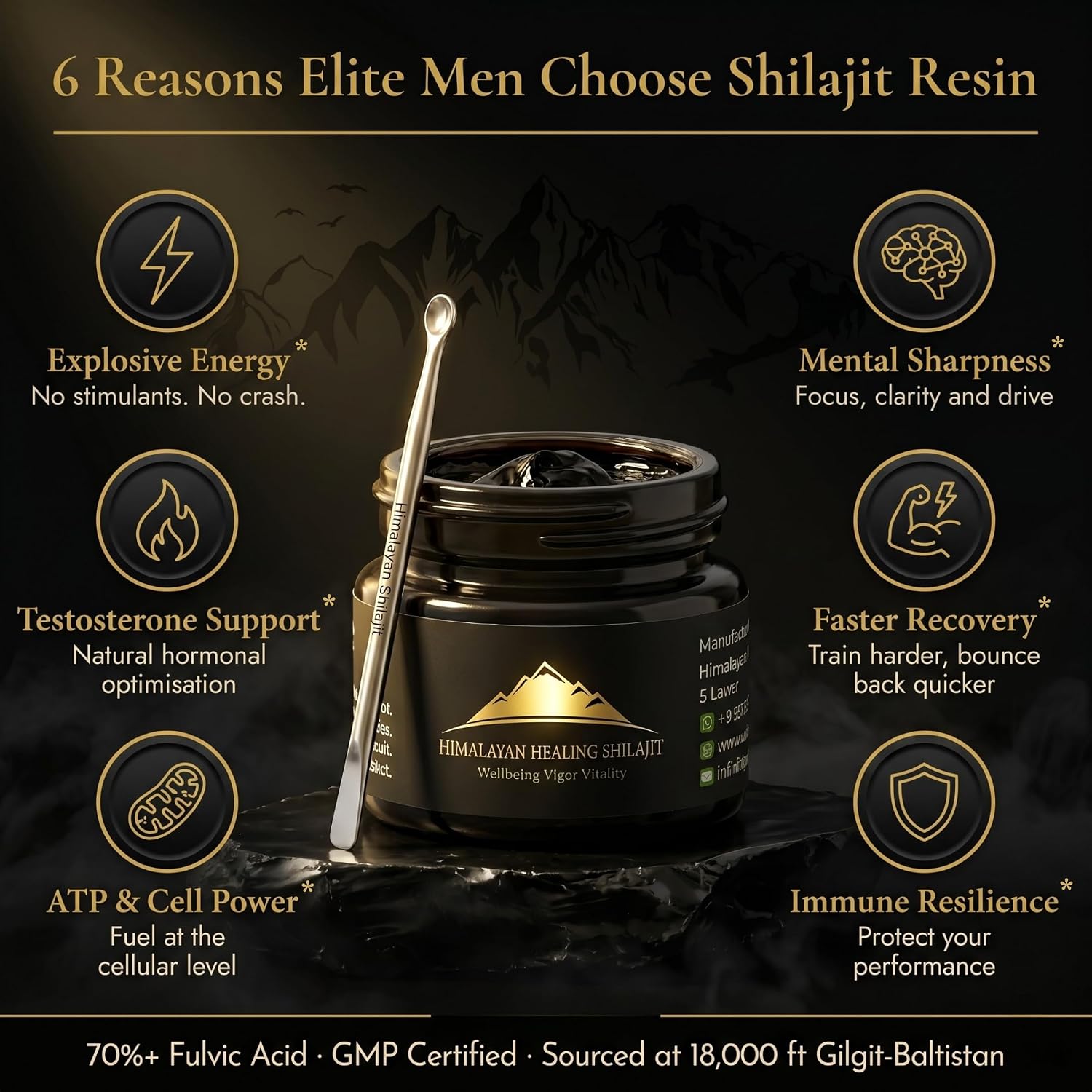 Gold Grade Himalayan Shilajit Resin For Men & Women | 500MG Max Potency | Lab Tested 100% Organic Shilajit With 85+ Trace Minerals & Fulvic Acid For