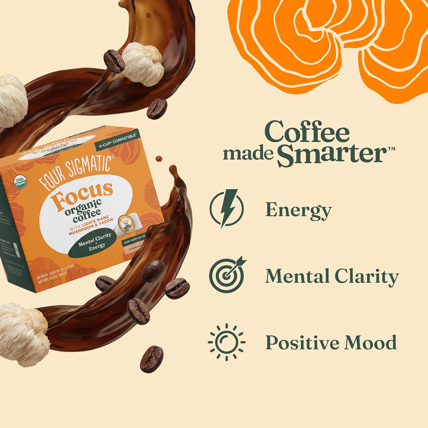 Four Sigmatic Mushroom Coffee K-Cups | Organic Dark Roast Coffee with Lion’s Mane Mushroom Powder & Yacon | Focus & Immune Support | Vegan & Keto