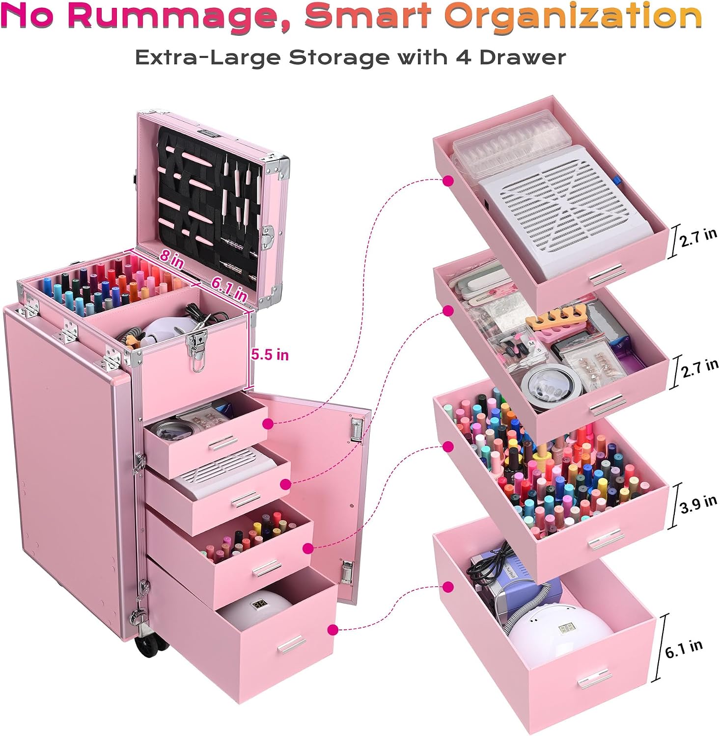 BYOOTIQUE Portable Nail Desk with 4 Storage Drawer Rolling Manicure Table
