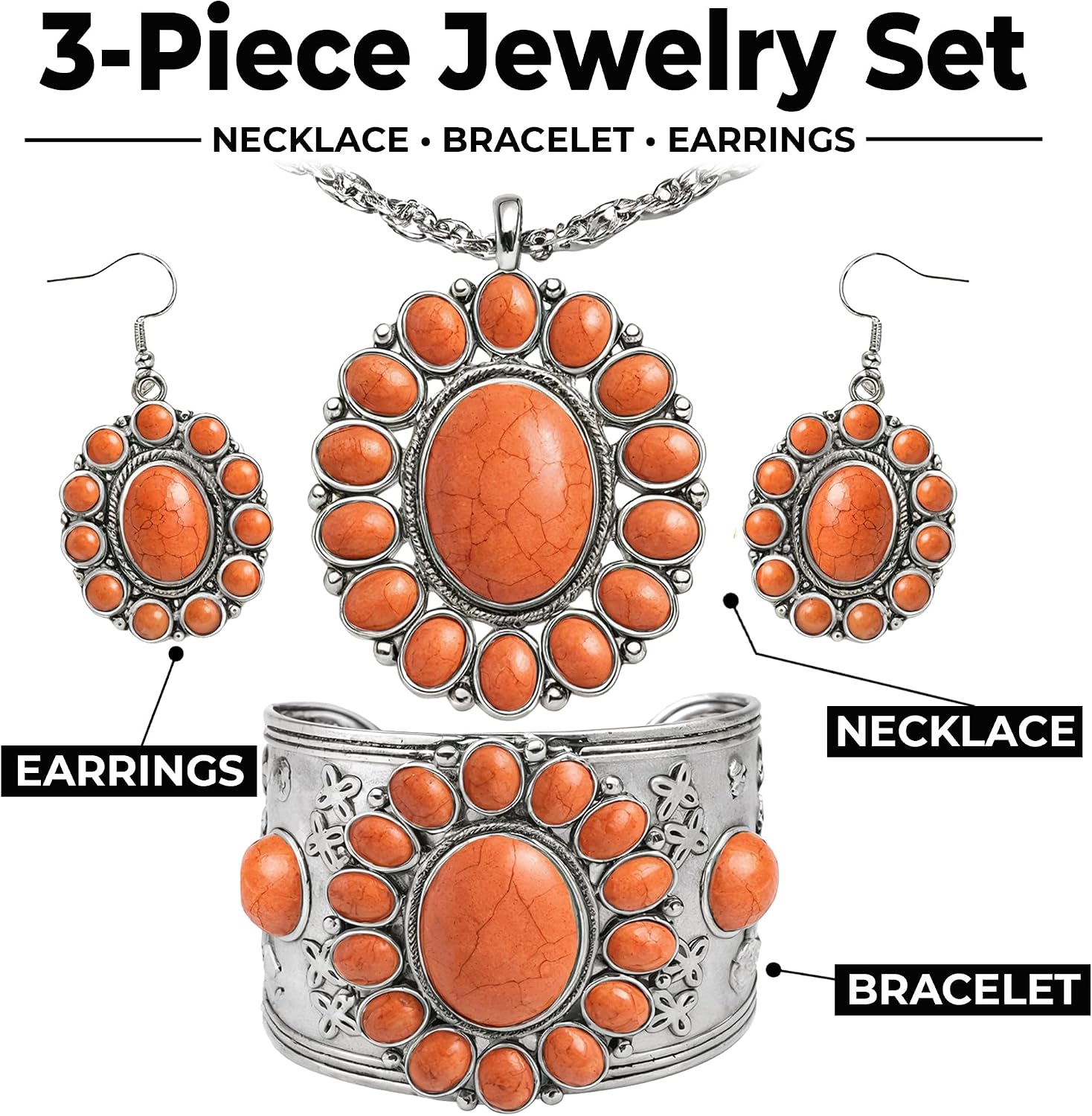 Shop LC Howlite Western Jewelry Set for Women Boho Cowgirl | 3-Piece Necklace Bracelet Earrings, Turquoise-Inspired, Chunky Statement, Southwestern