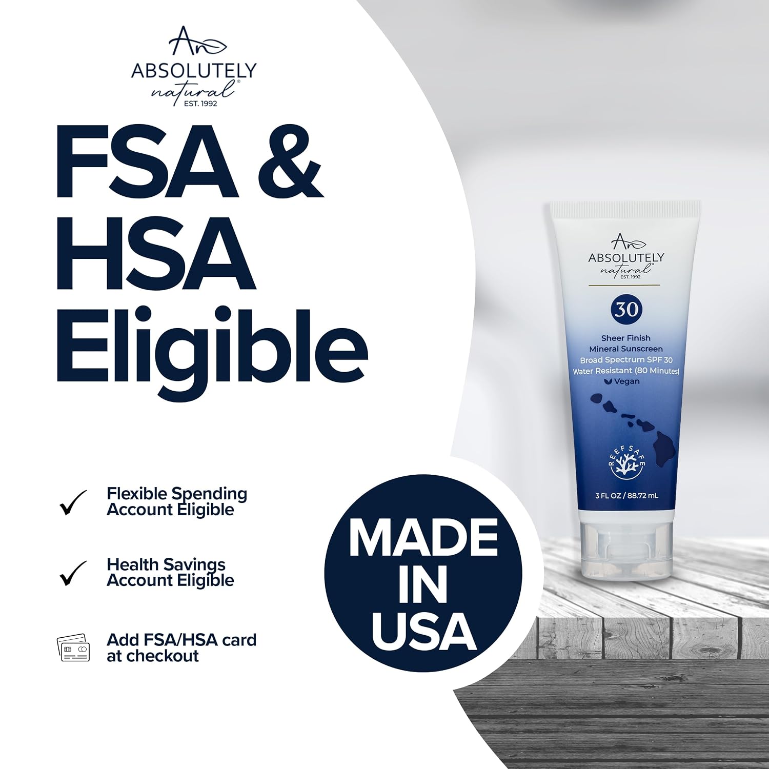 Absolutely Natural - SPF 15 Mineral Sunscreen - Broad Spectrum Water Resistant Moisturizer Lotion For Body & Face - With Non-Nano Zinc Oxide, Vitamin E, & Antioxidants - Made in USA, 3 Oz