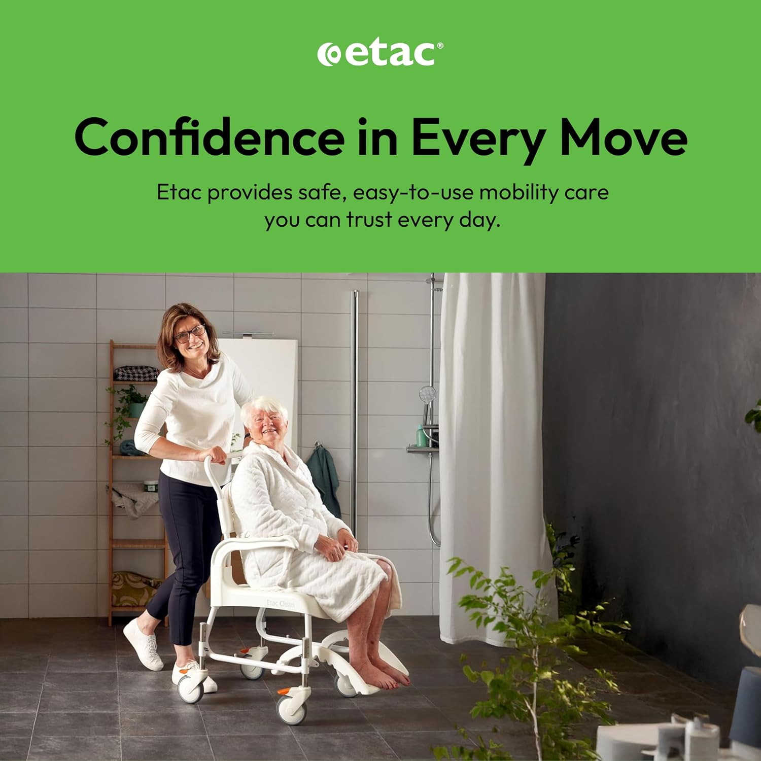 Etac Clean 24" Self-Propelled Shower Chair with Wheels - 21 3/4 Inch Fixed Height with 24 Inch Rear Wheels - Shower Wheelchair for Elderly and Disabled - Movable Armrest & Ergonomic Footrest