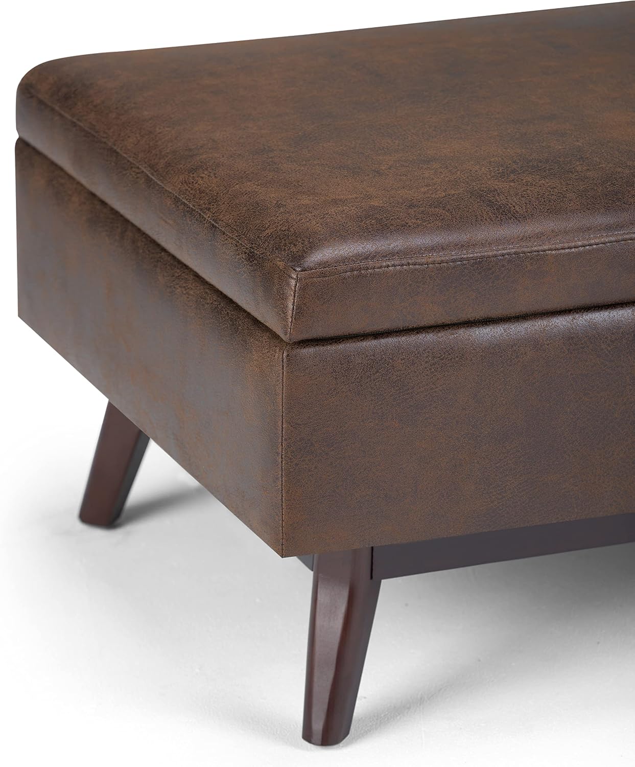 SIMPLIHOME Owen 34" Wide Vegan Leather Lift Top Ottoman in Dark Blue