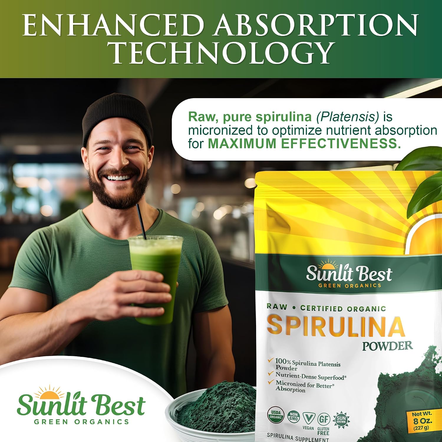 Sunlit Best Organic Spirulina Tablets, Pure Natural Superfood Pills 1000 CT | USDA Certified, 60% Vegan Protein, 18 Amino Acids, Chlorophyll Antioxidants Enzymes, Non GMO, Immune Liver & Energy Support
