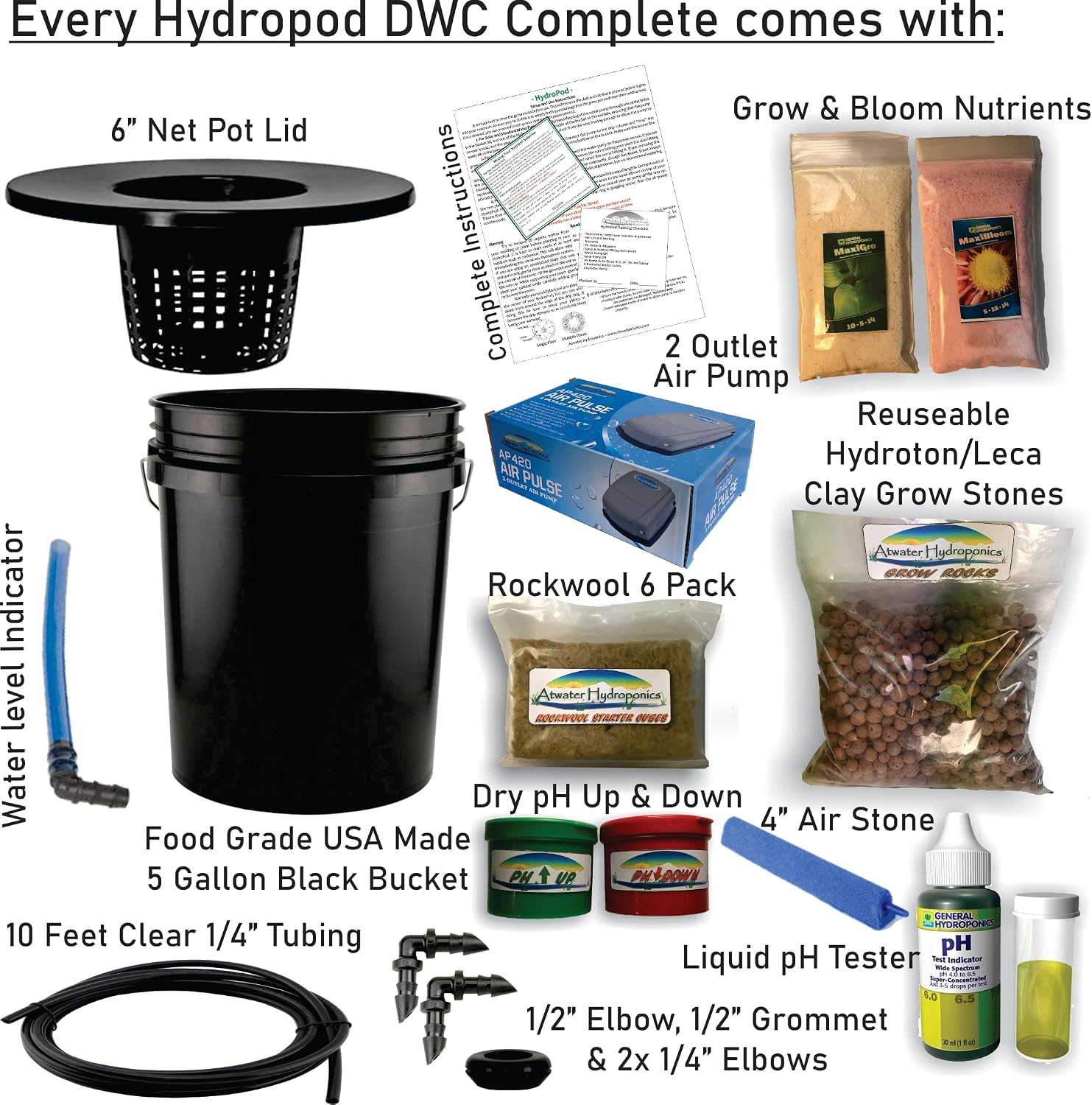 The Atwater HydroPod - DWC Deep Water Culture Garden System Kit - 5 Gallon Bubble Bucket - Bubbleponics - Nutrients & pH Testing/Adjusting Kits are