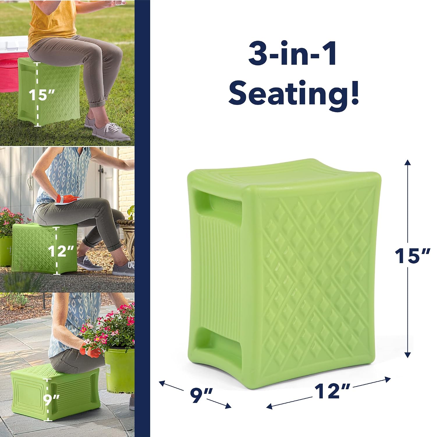 Simplay3 Handy Home 3-Level Heavy Duty Work/Garden Seat - 12" x 15" x 9" - Gray, Made in USA