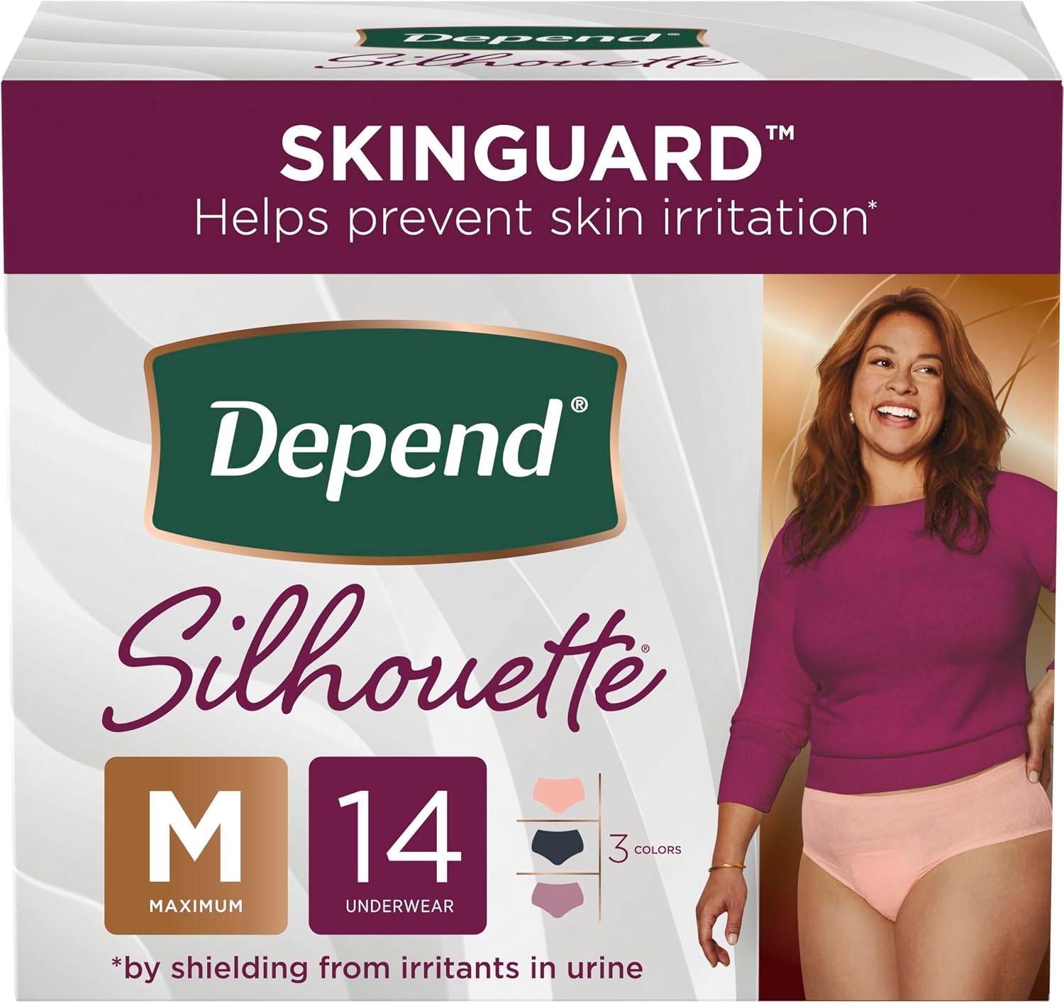 Depend Silhouette Adult Incontinence and Postpartum Underwear for Women, Medium, Maximum Absorbency, Black, Pink and Berry, 14 Count