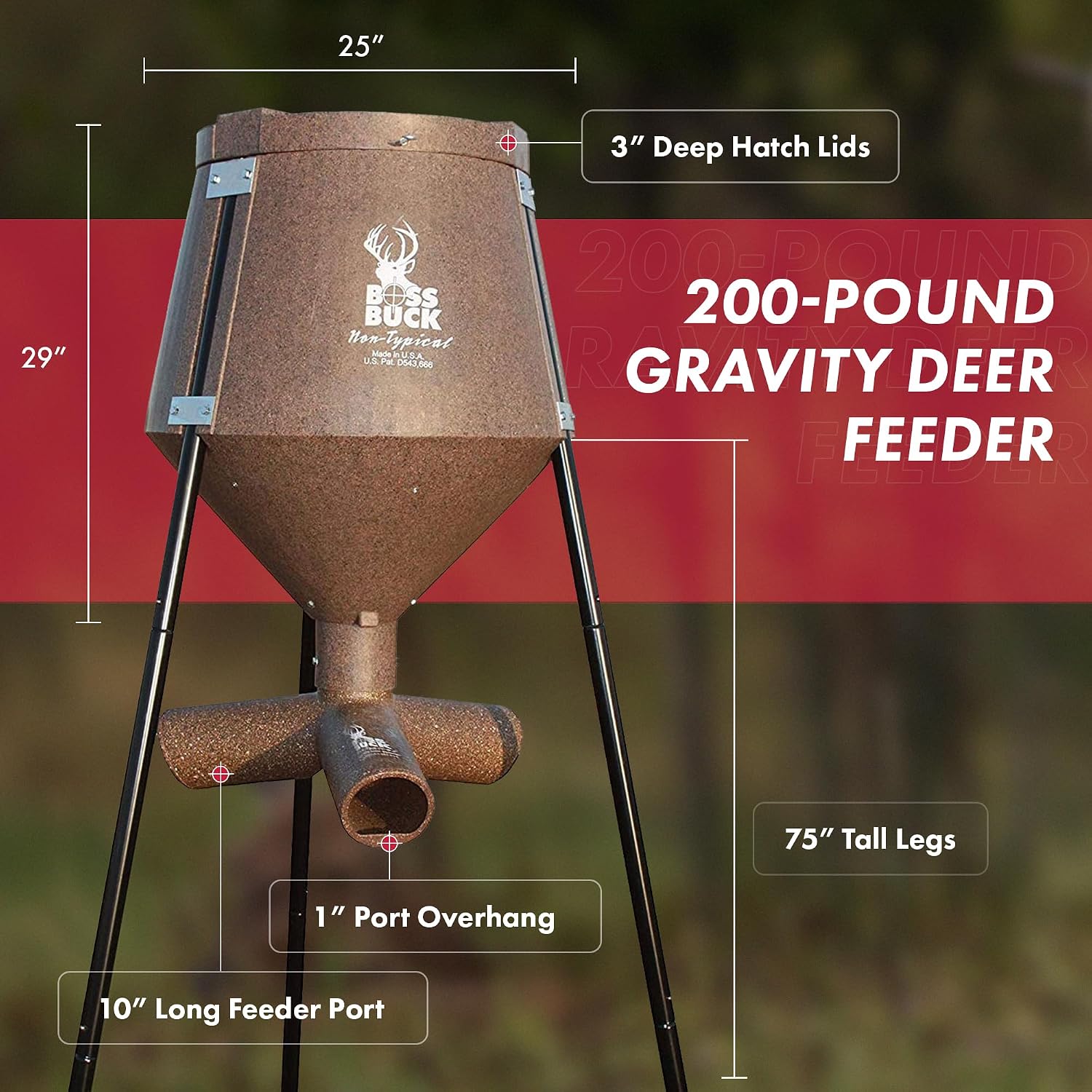 BOSS BUCK 350 LB Deer Feeder/Hunting Durable Lightweight Plastic UV Protected Windproof Waterproof Gravity Feed with Protein 3 Feed Tubes Head, Multi-Piece Round Legs | Protein 3 feed tubes head, Multi-Piece round legs