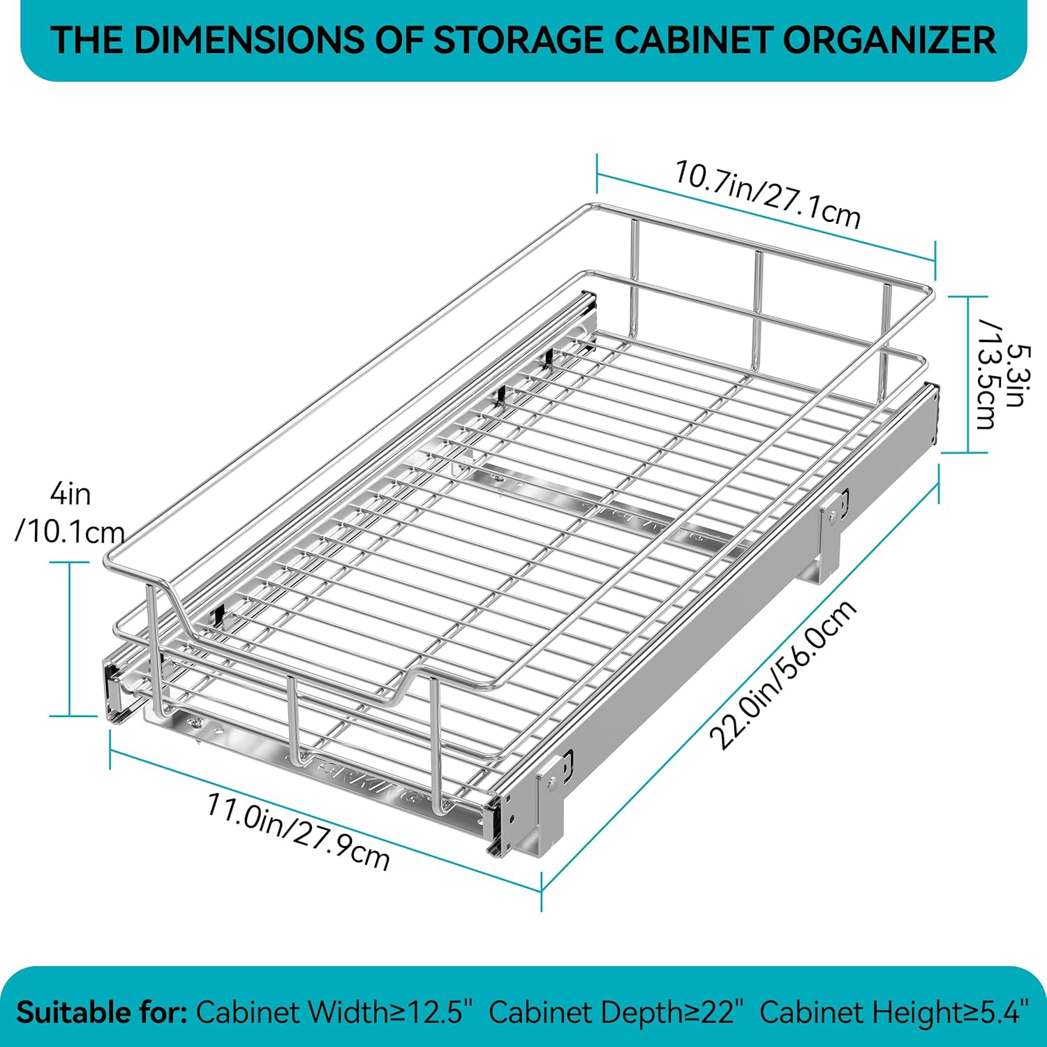 2 Tier Pull Out Cabinet Organizer 11" W X 22" D, Chromed, Full Slide Out