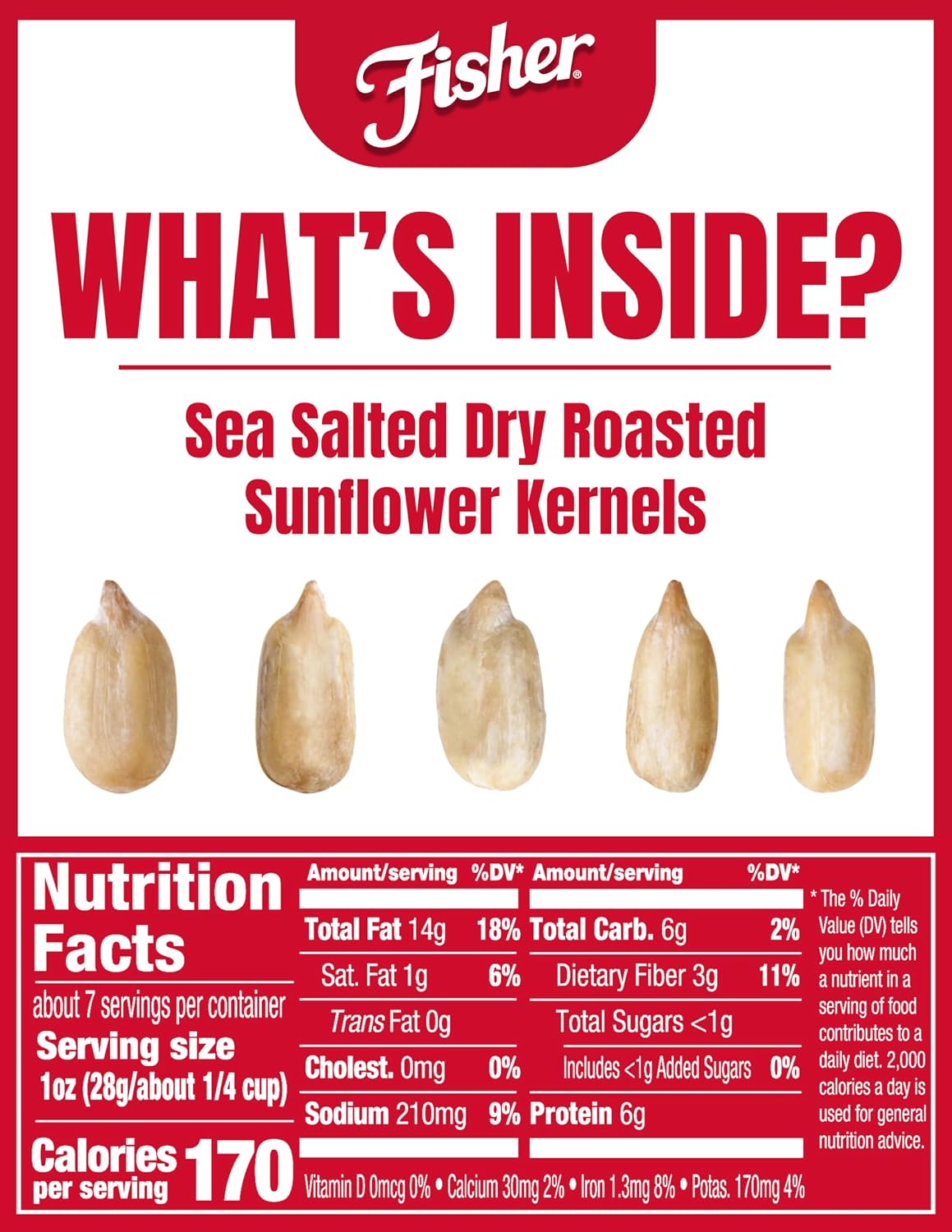 Fisher Dry Roasted Sunflower Seeds Kernels with Sea Salt, 7.25 oz, Sunflower Seeds to Eat, Gluten-Free, No Sugar Added, Crunchy Snacks for Adults, Perfect for Salads, Yogurt, & On-the-Go Snacking