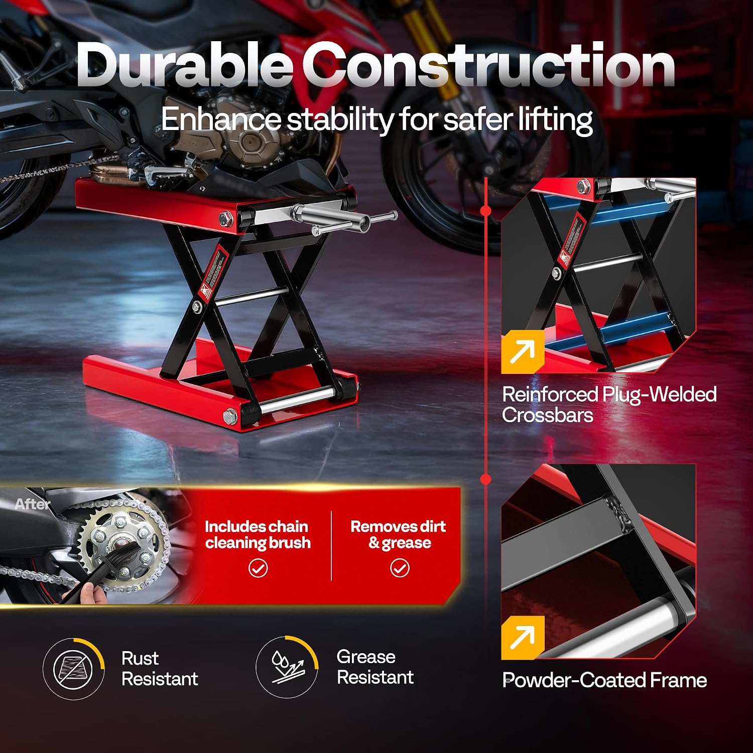 VIVOHOME 1100 LBS Motorcycle Lift Scissor Jack, Wide Deck Hoist Stand, Red | Height Adjustable Center Stand with Crank, Steel Lift for Cruiser, Dirt Bike, ATV