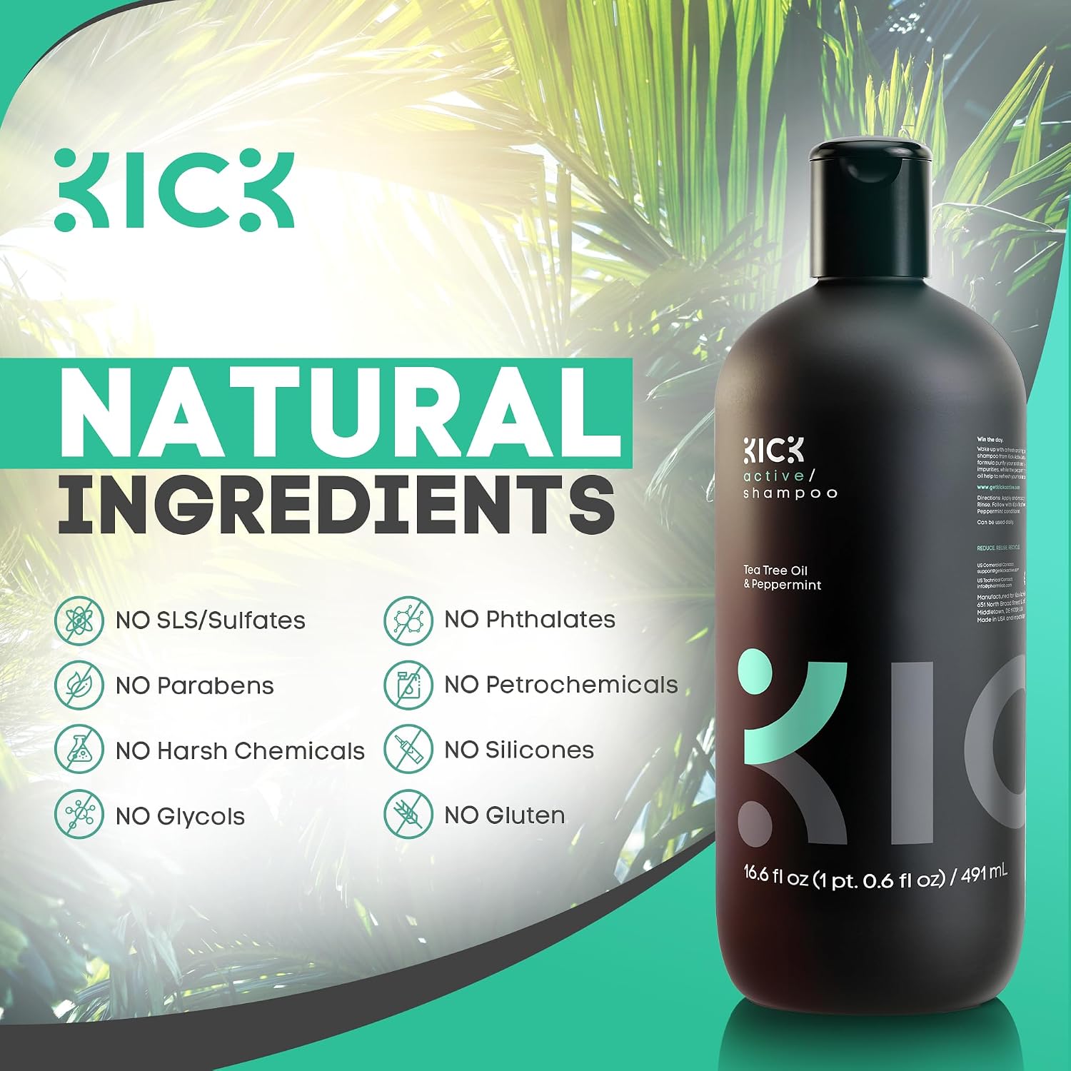 Kick Mens Shampoo - Peppermint & Tea Tree, Anti-Dandruff for Oily Hair | Oil Control & Scalp Soothing - Itchy Scalp Relief - Sulfate-Free