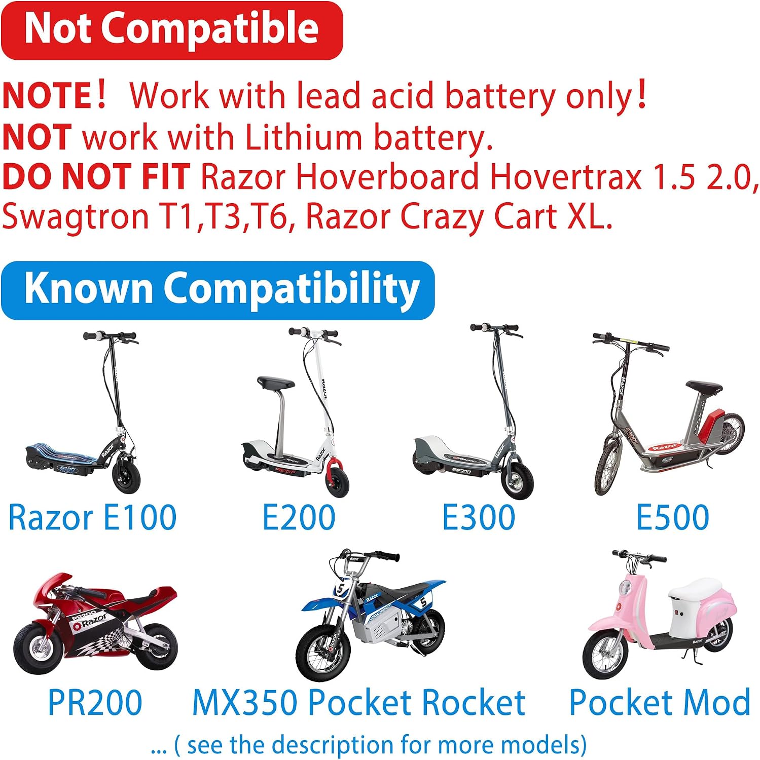 LotFancy 24V 1.5A Electric Scooter Charger for Razor E100, E200, E300, E500, PR200, MX350, Dirt Bike, Pocket Mod, Sports Mod, and Dirt Quad