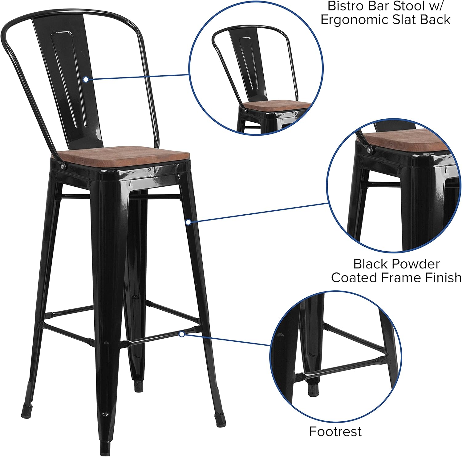 Flash Furniture 30 in Metal Barstool with Back, Blue | Commercial Grade, Removable Back, Indoor/Outdoor Use