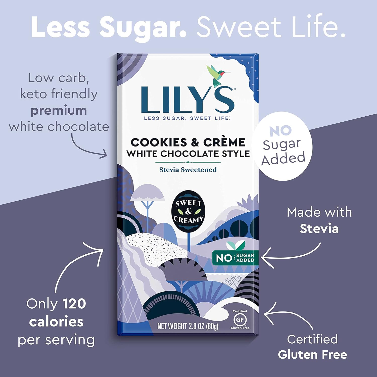 LILY'S Cookies and Creme White Chocolate Style No Sugar Added, Sweets Bars, 2.8 oz (12 Count)