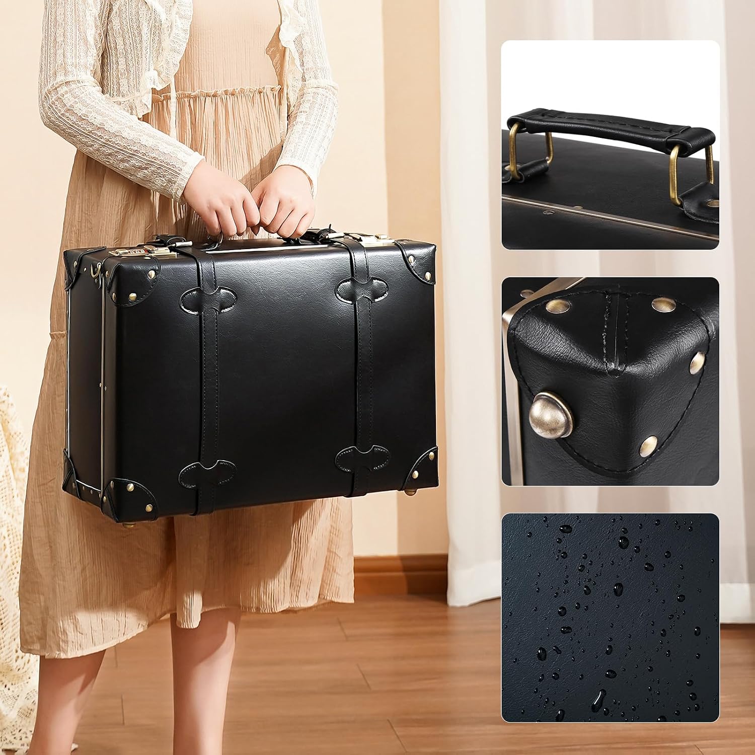 urecity Vintage and Cute Carry-on Overnight Case Non-wheeled Mini Leather Trunk Suitcase with Shoulder Strap