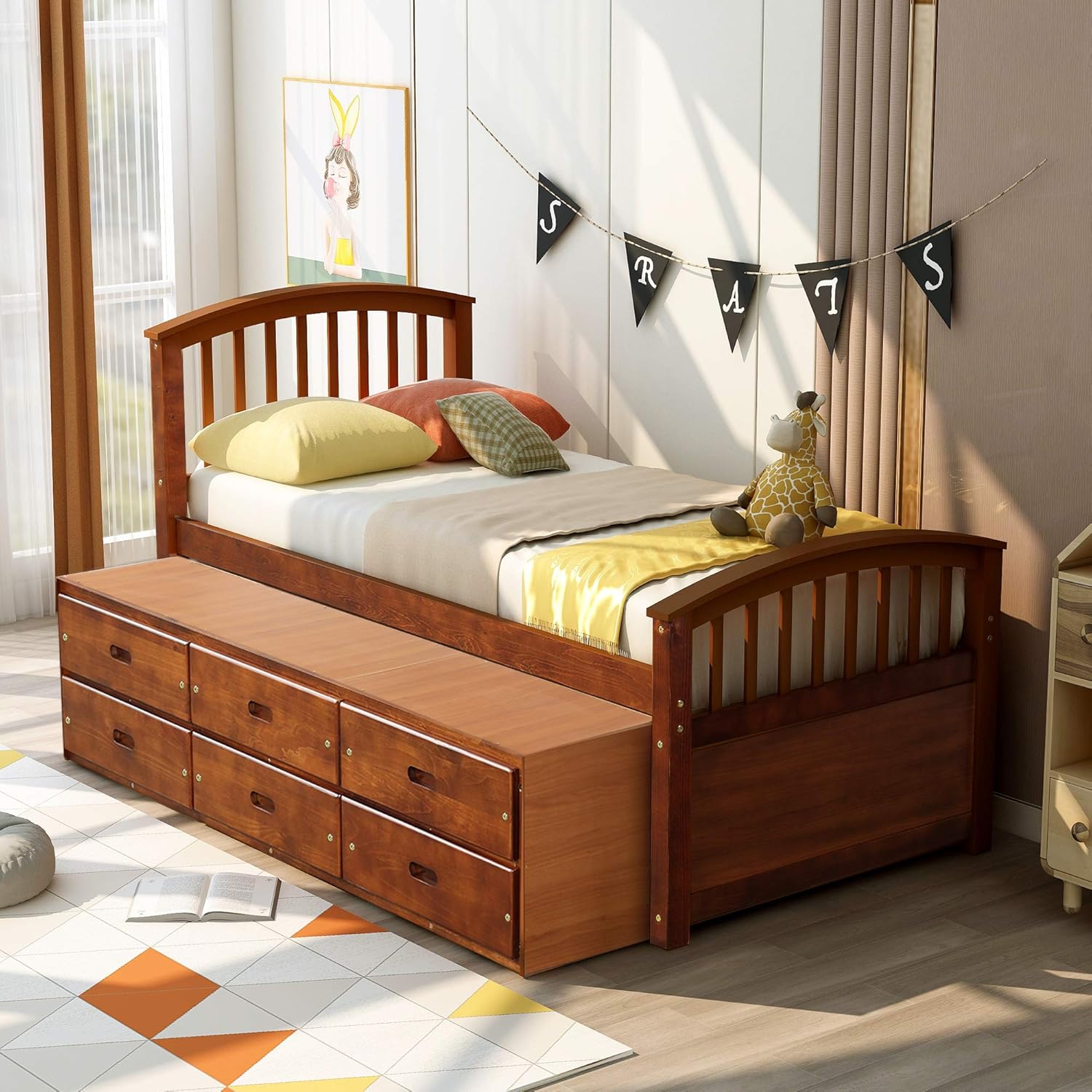 Merax Twin Size Platform Storage Bed Solid Wood Bed with 6 Drawers