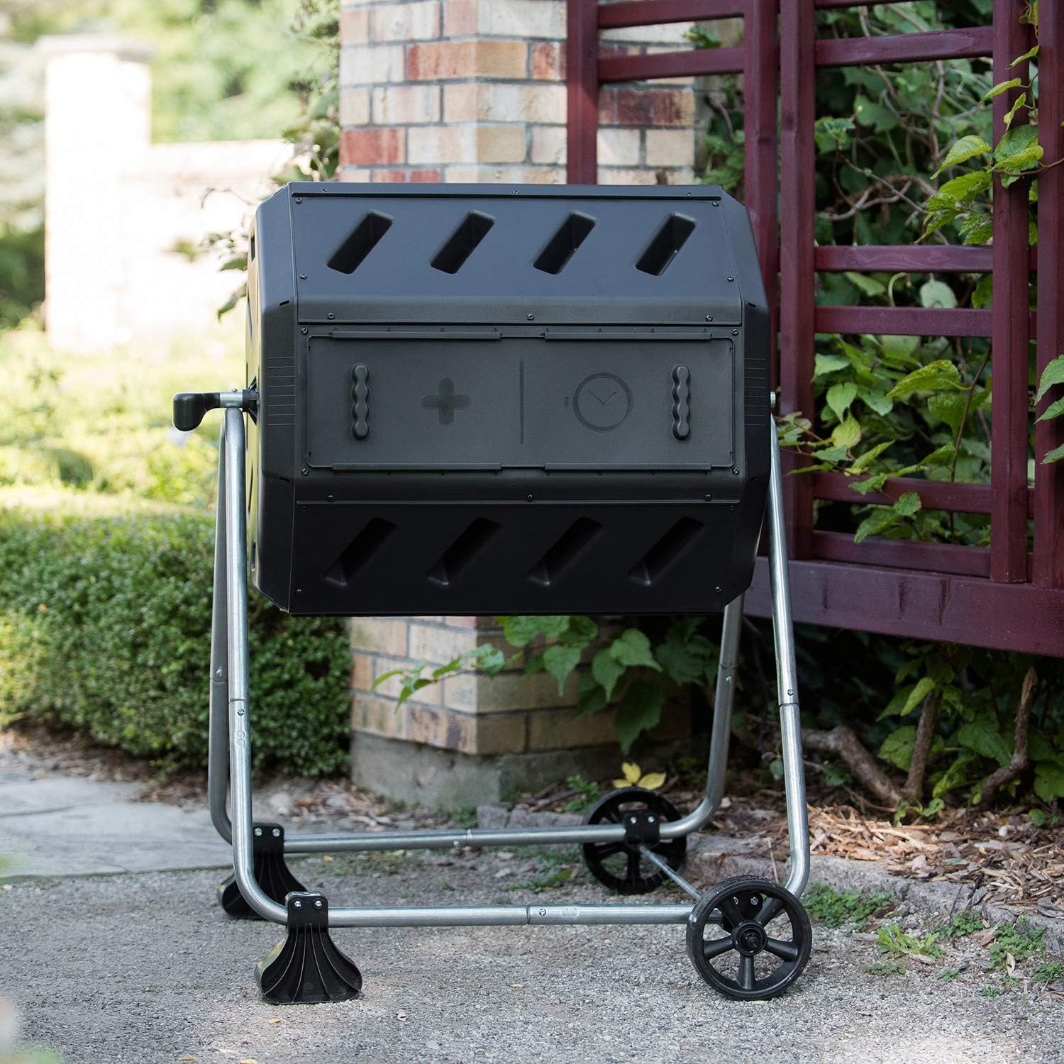 FCMP Outdoor IM4000-WK 37 Gallon Plastic Dual Chamber Tumbling Composter Outdoor Elevated Rotating Garden Compost Bin with Wheels, Black/Black