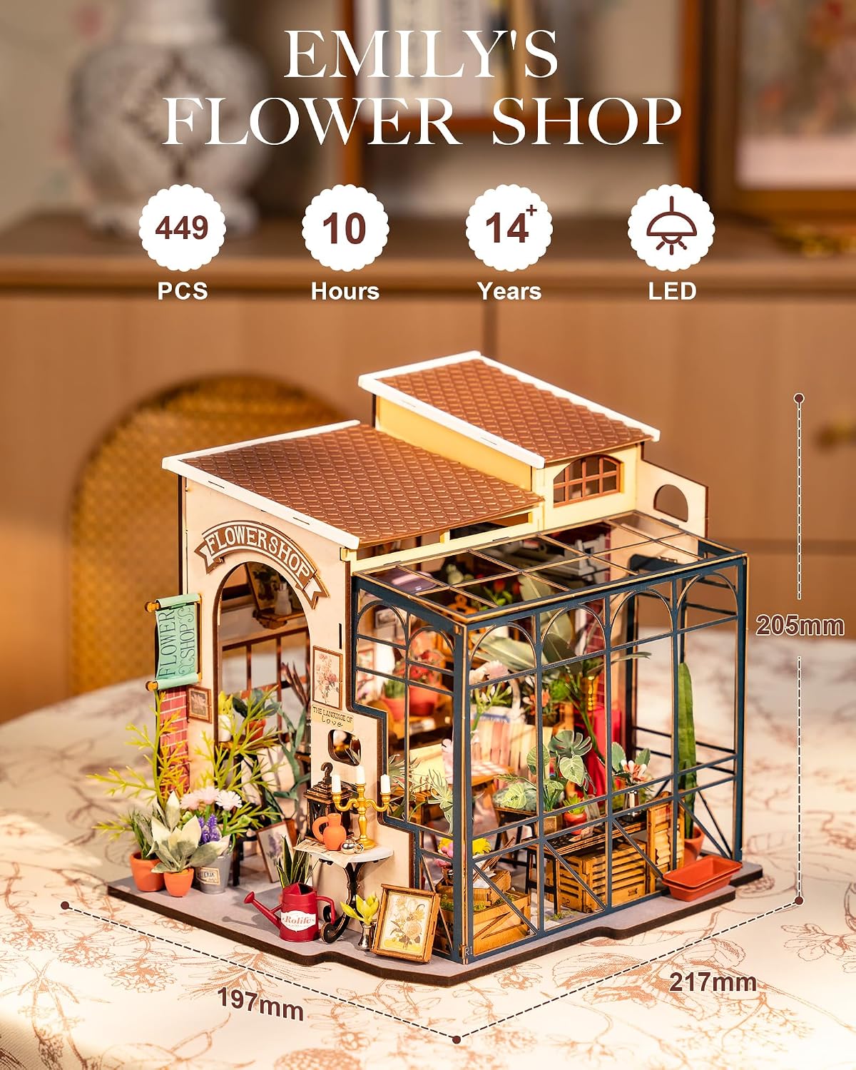 Rolife Cathy's Greenhouse Miniature Kit with LED Lights | 1:18 Scale Flower House Wooden 3D Puzzle Model Kit for Beginners DIY Craft for Adults Diorama Home Decor & Birthday Gift