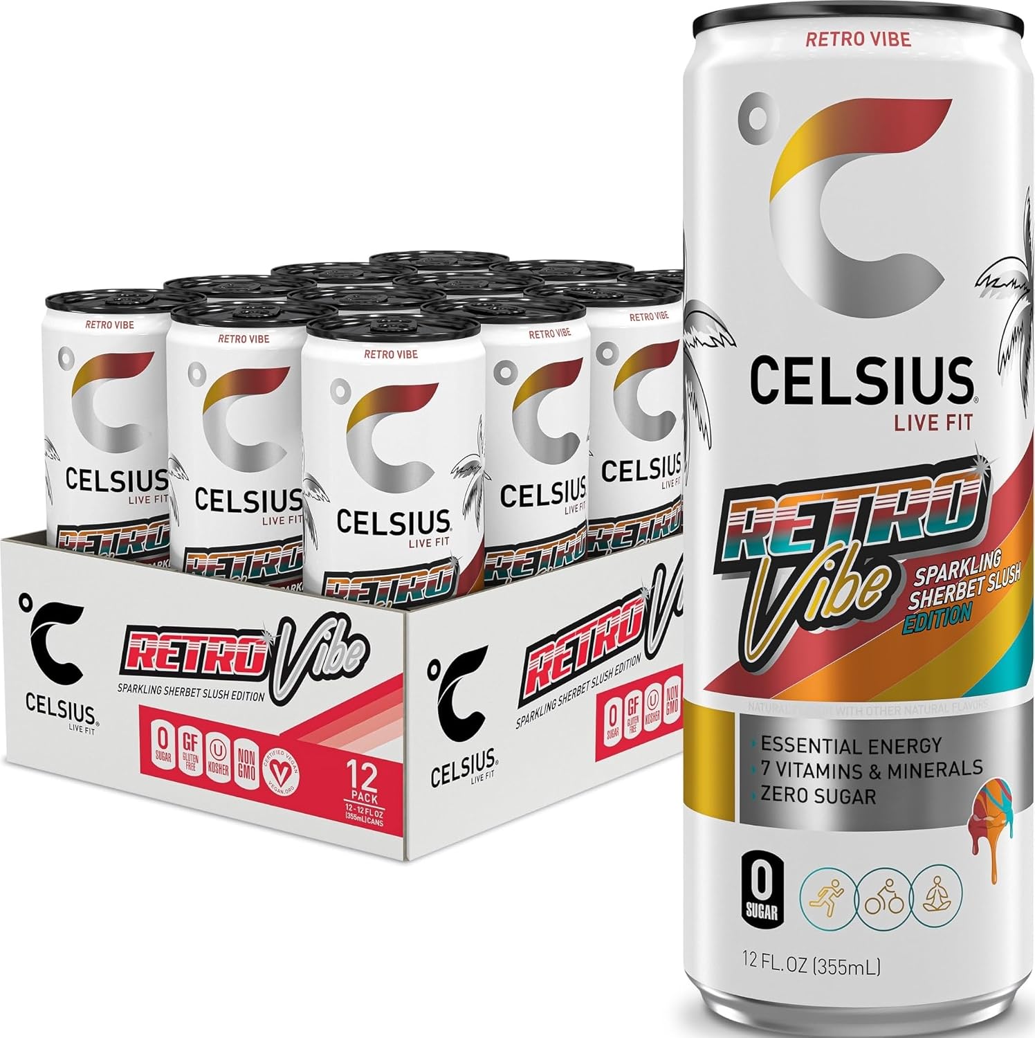 CELSIUS PEACH VIBE Sparkling White Peach, Sugar Free Energy Drink, 12 Fl Oz (Pack of 12)