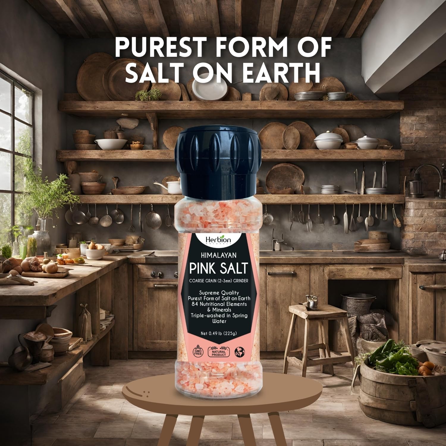 HERBION Naturals Himalayan Pink Salt Jar Fine Grain, GMO Free, Supreme Quality Chemical Free, Vegan, Kosher Certified, Fine Grain All Natural Salt