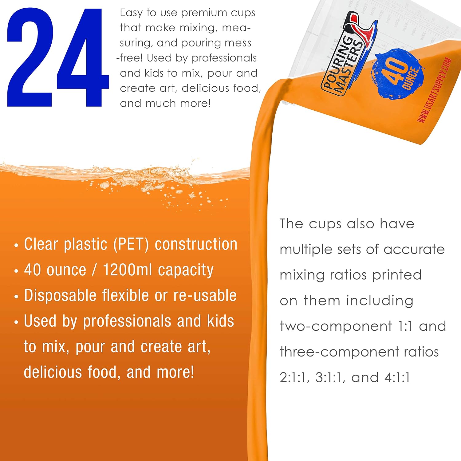 Pouring Masters 40 Ounce (1200ml) Graduated Plastic Mixing Cups (Box of 24)