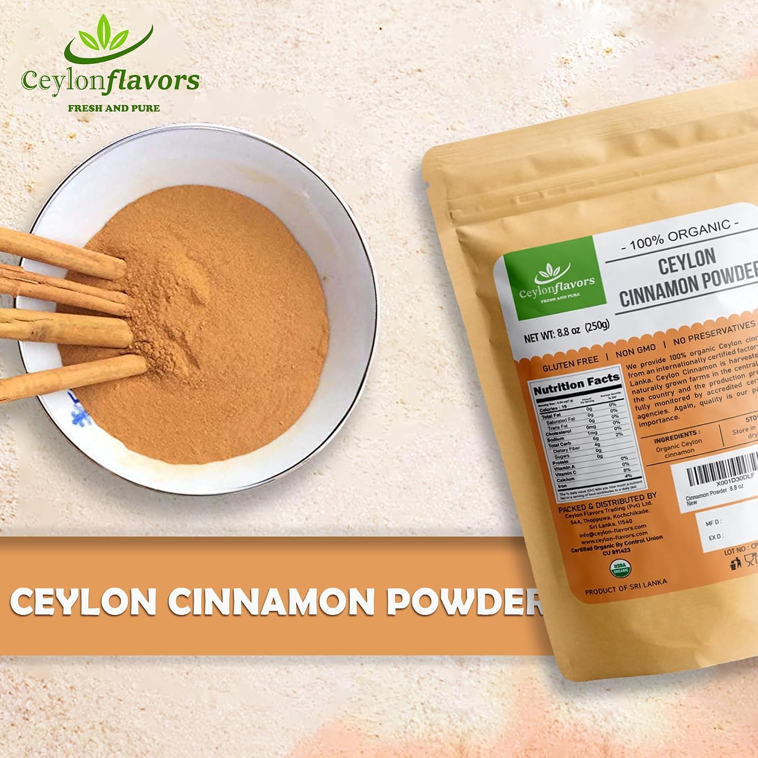 Ceylon Flavors Organic Ceylon Cinnamon Powder, Premium Special Grade, Non GMO, Harvested from a USDA Certified Organic Farm in Sri Lanka (3.5 oz)